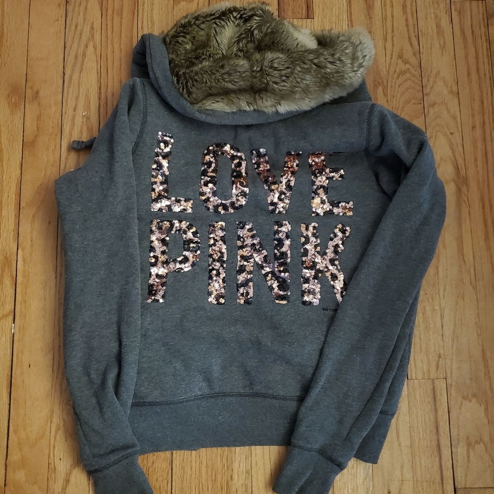 VS PINK Fashion Show Leopard Bling Fur Hoodie XS